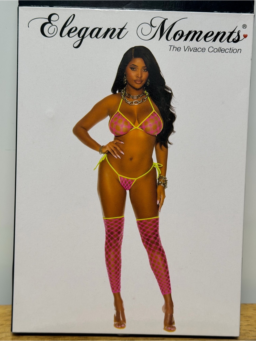 Elegant Moments Pink Fishnet Bra, Thong & Thigh-High Set with Neon Yellow Trim
